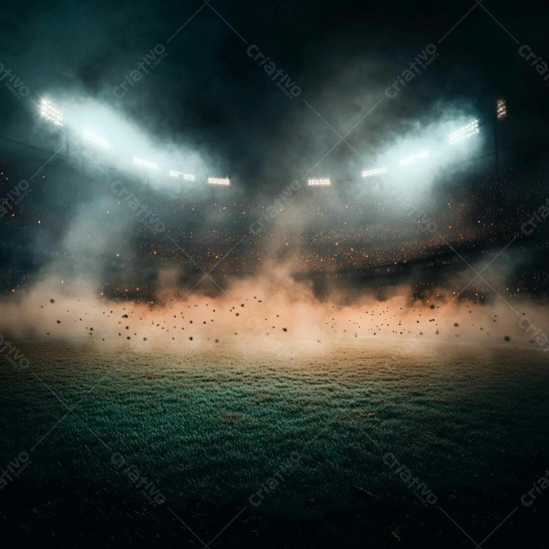 Campo de futebol noturno com fumaça e luzes