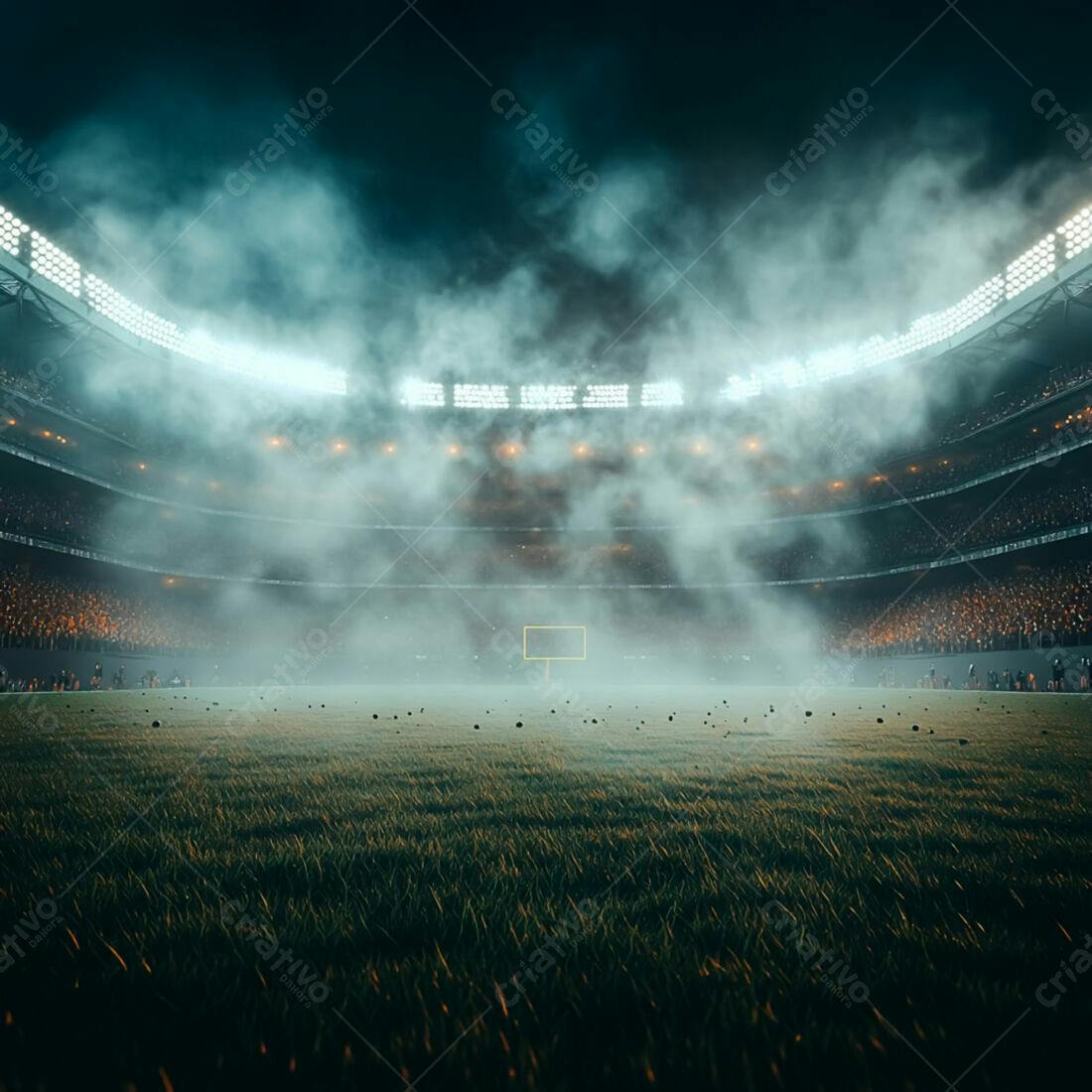 Estádio de futebol americano noturno com neblina