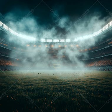 Campo de futebol cheio de neblina e partículas de poeira