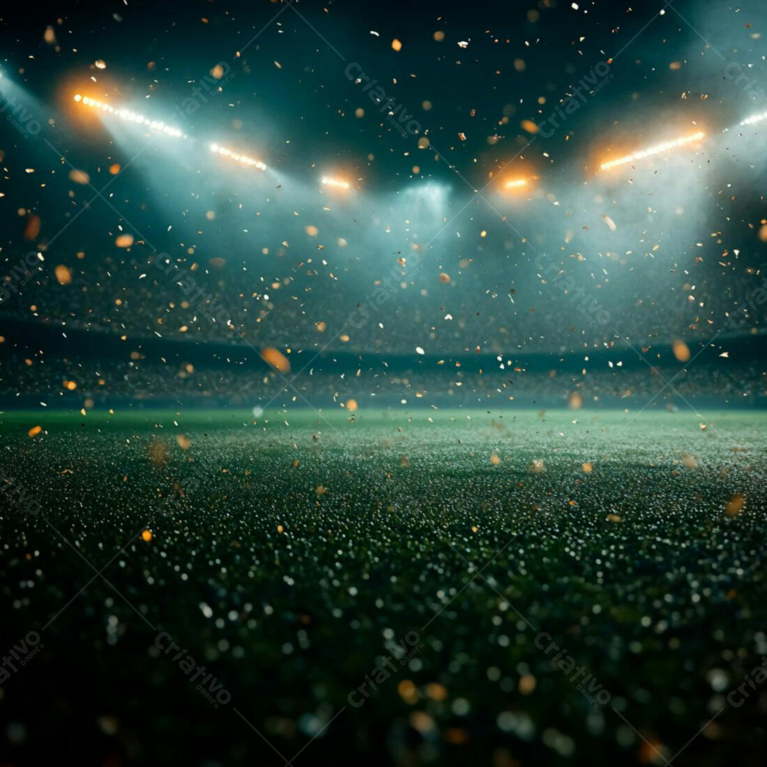 Campo de futebol com confetes dourados