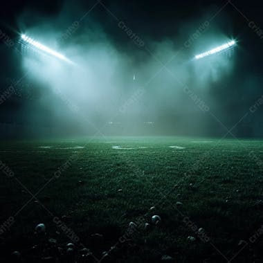 Campo de futebol cheio de neblina e partículas de poeira