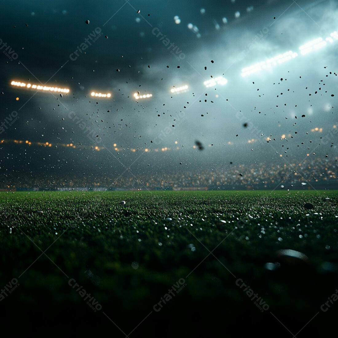 Campo de futebol noturno com chuva