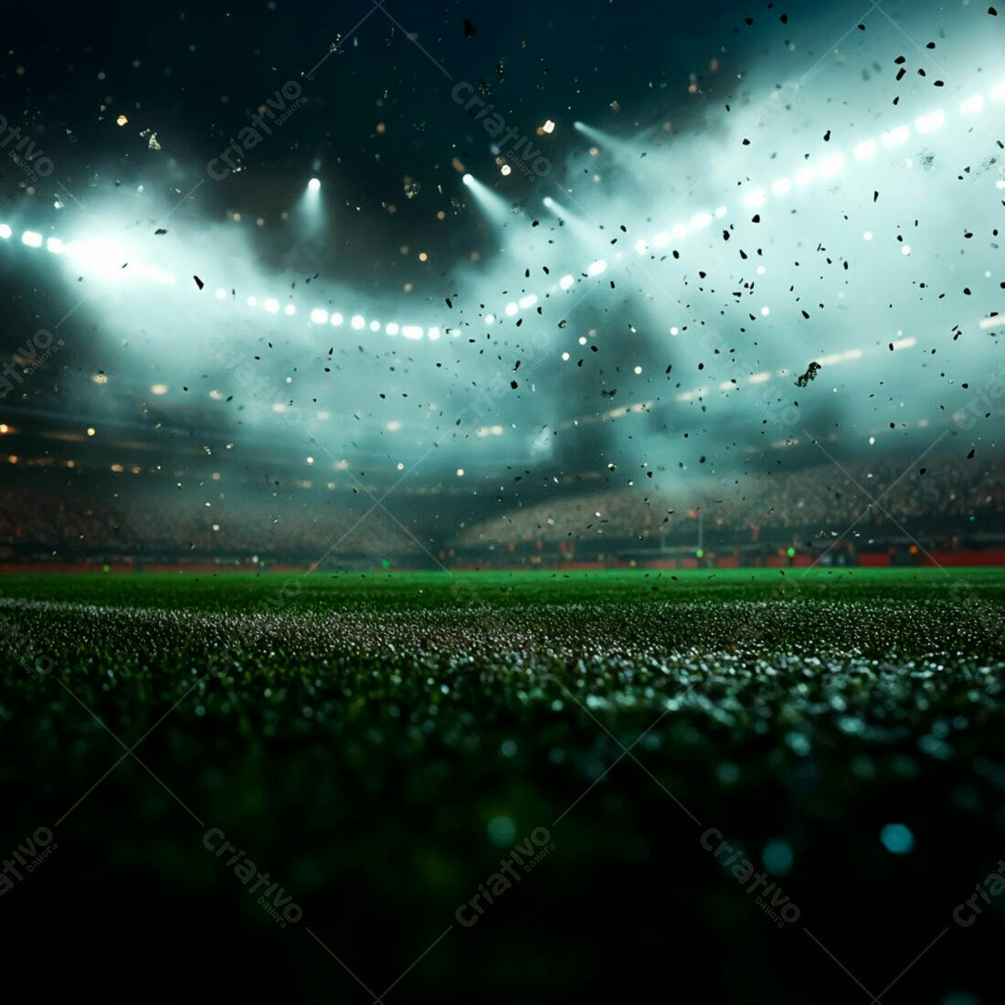 Campo de futebol noturno com chuva de confete