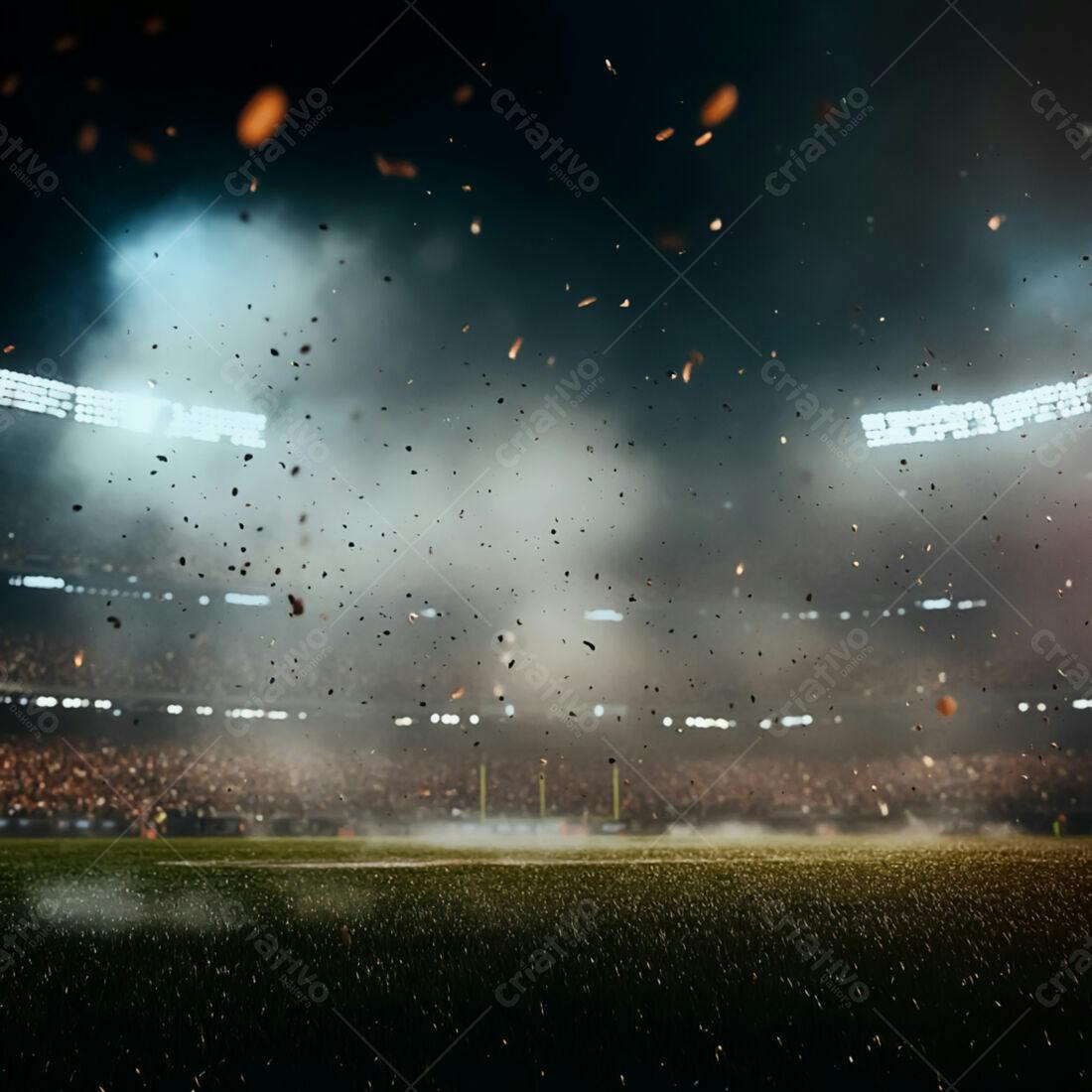 Estádio de futebol noturno com poeira