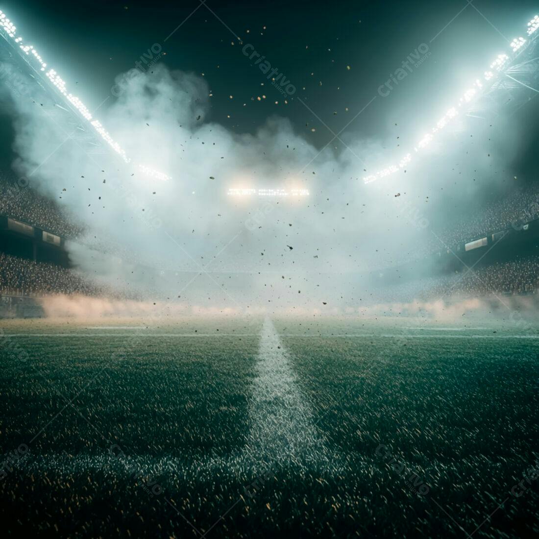 Estádio de futebol com fumaça e confetes