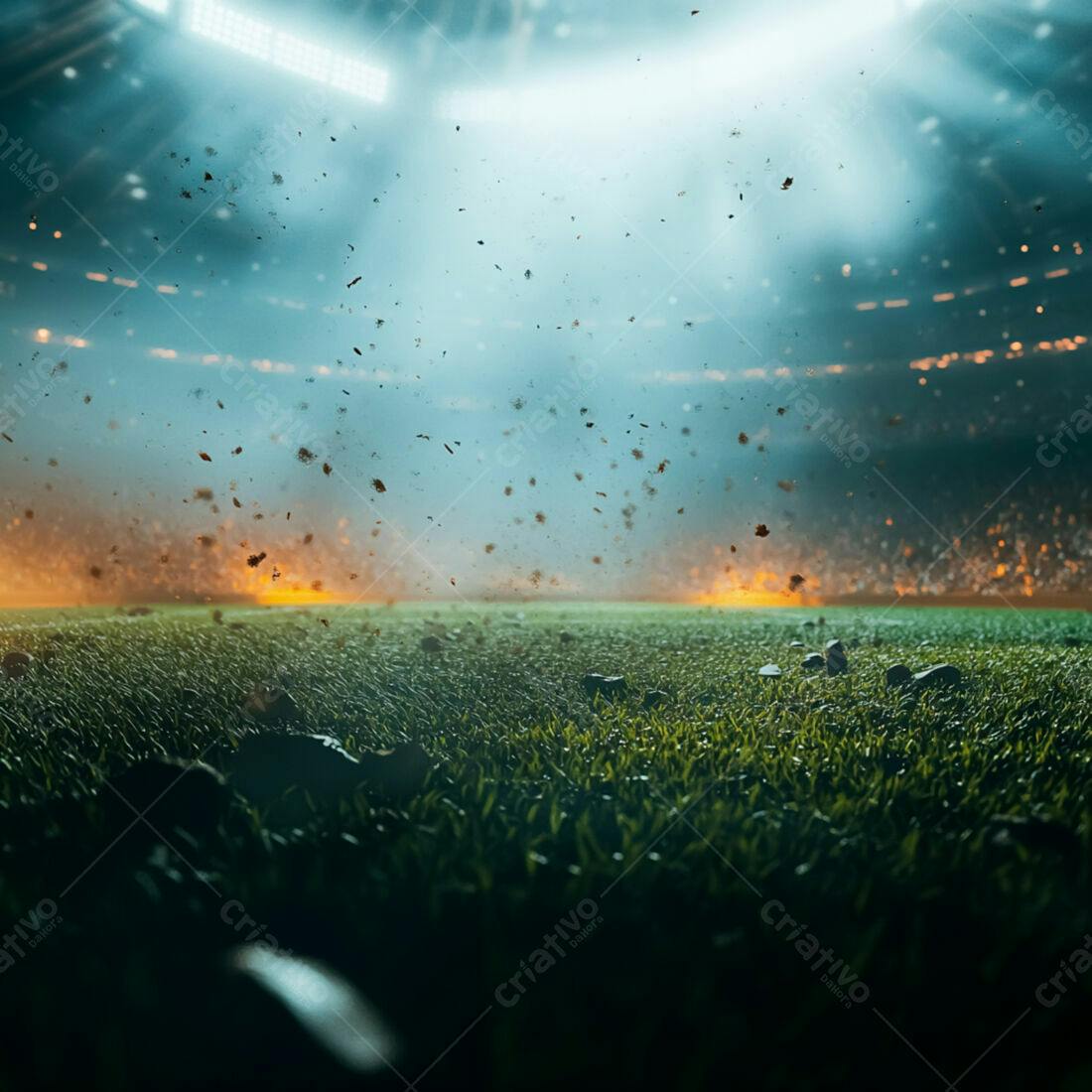 Campo de futebol noturno com poeira suspensa