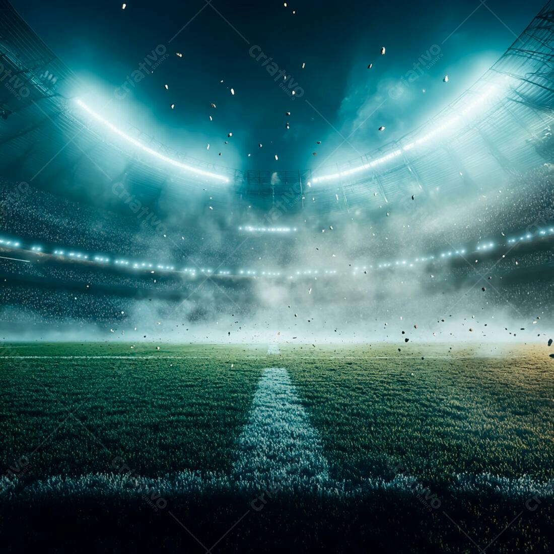 Estádio de futebol noturno com fumaça