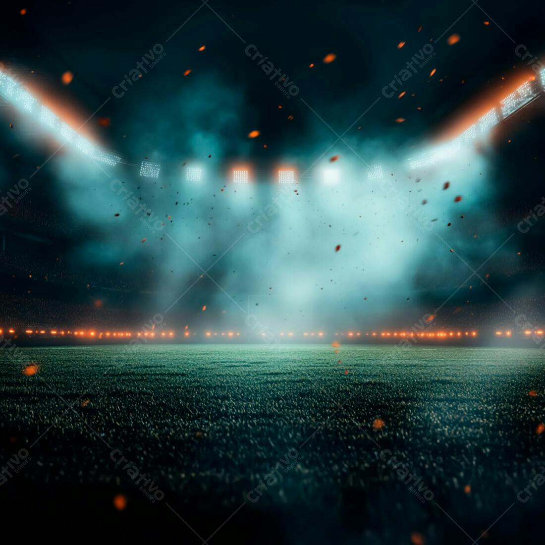 Campo de futebol noturno com iluminação dramática