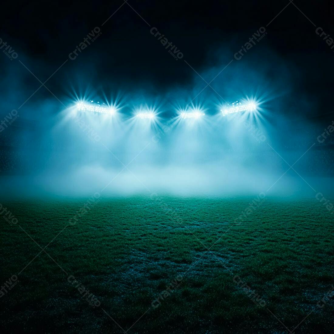 Campo de futebol noturno com neblina