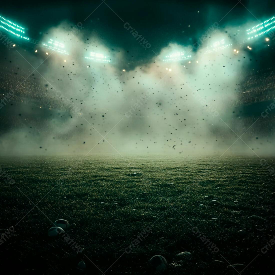 Campo de futebol noturno com fumaça e partículas