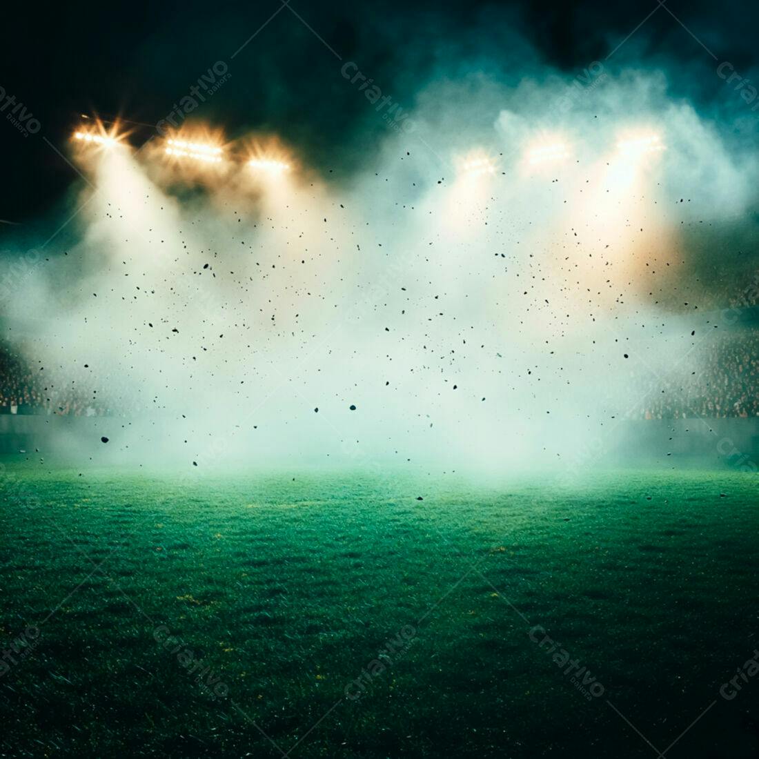 Campo de futebol noturno com fumaça e partículas