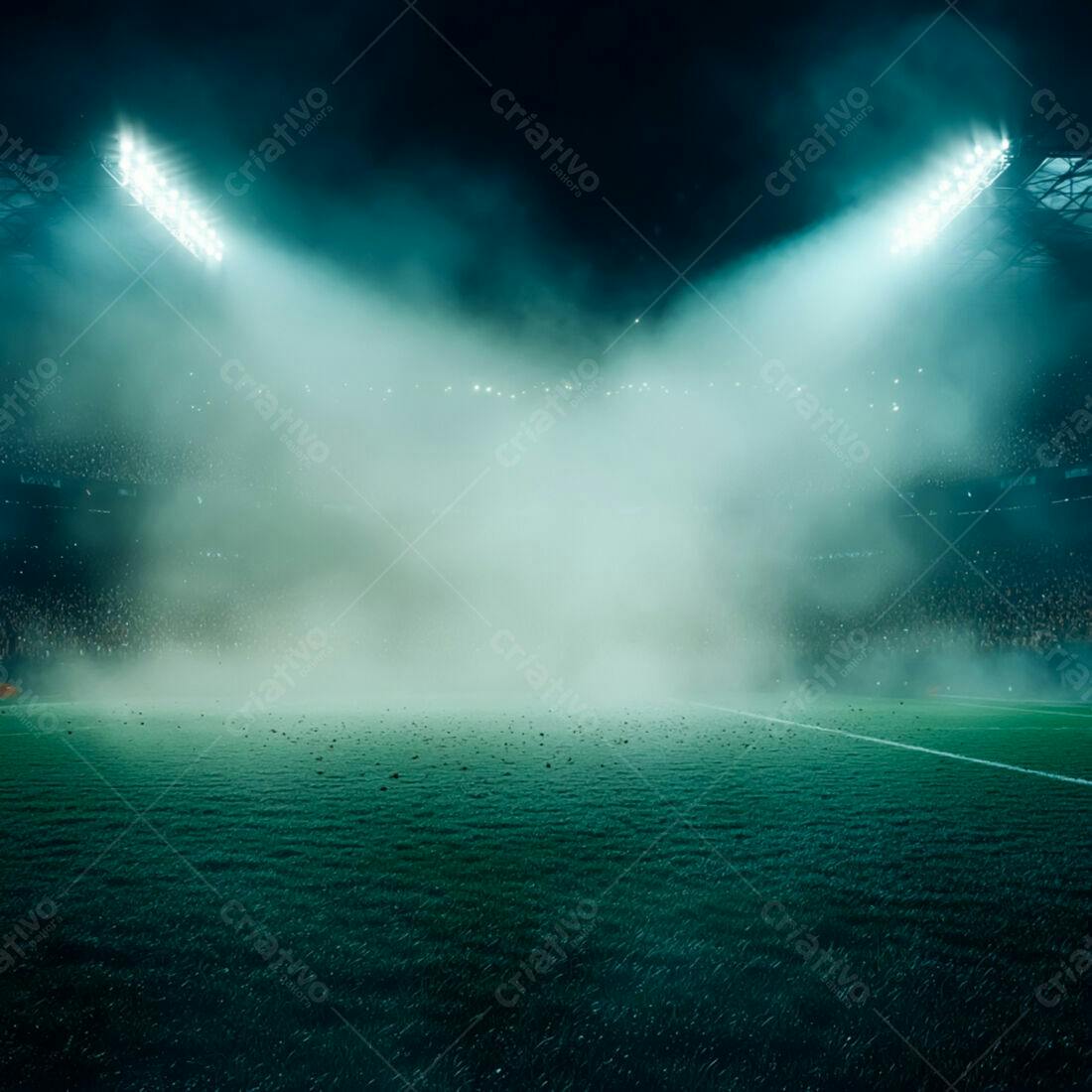 Campo de futebol noturno com névoa