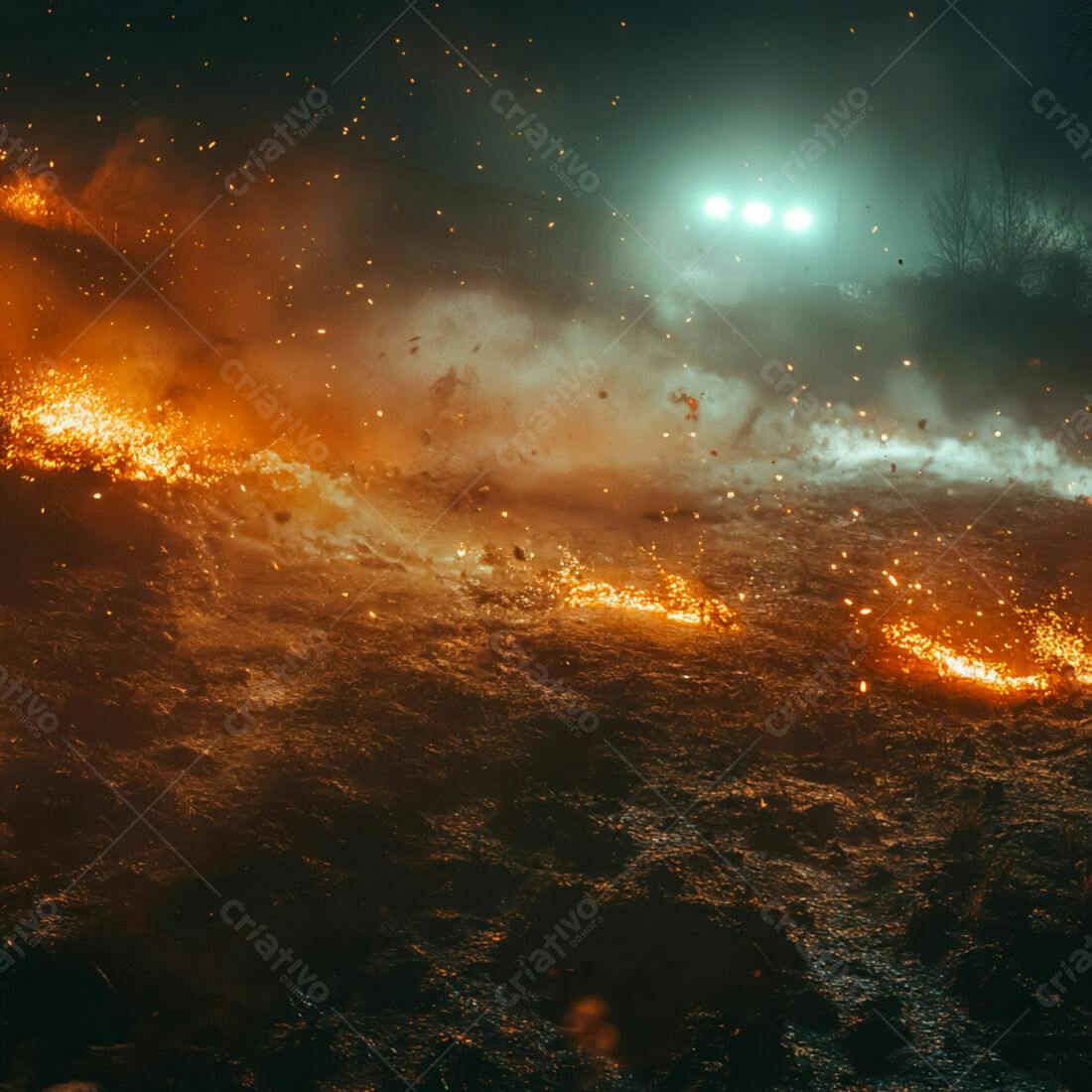 Incêndio noturno com brasas e fumaça
