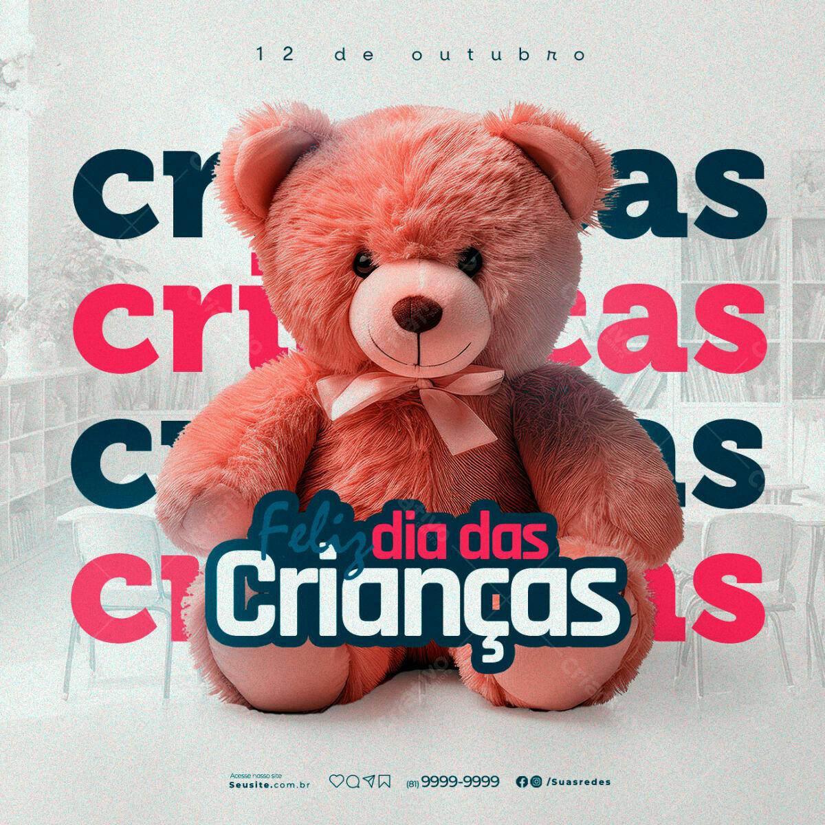 Flyer Dia das Crianças com Ursinho Rosa PSD Editável