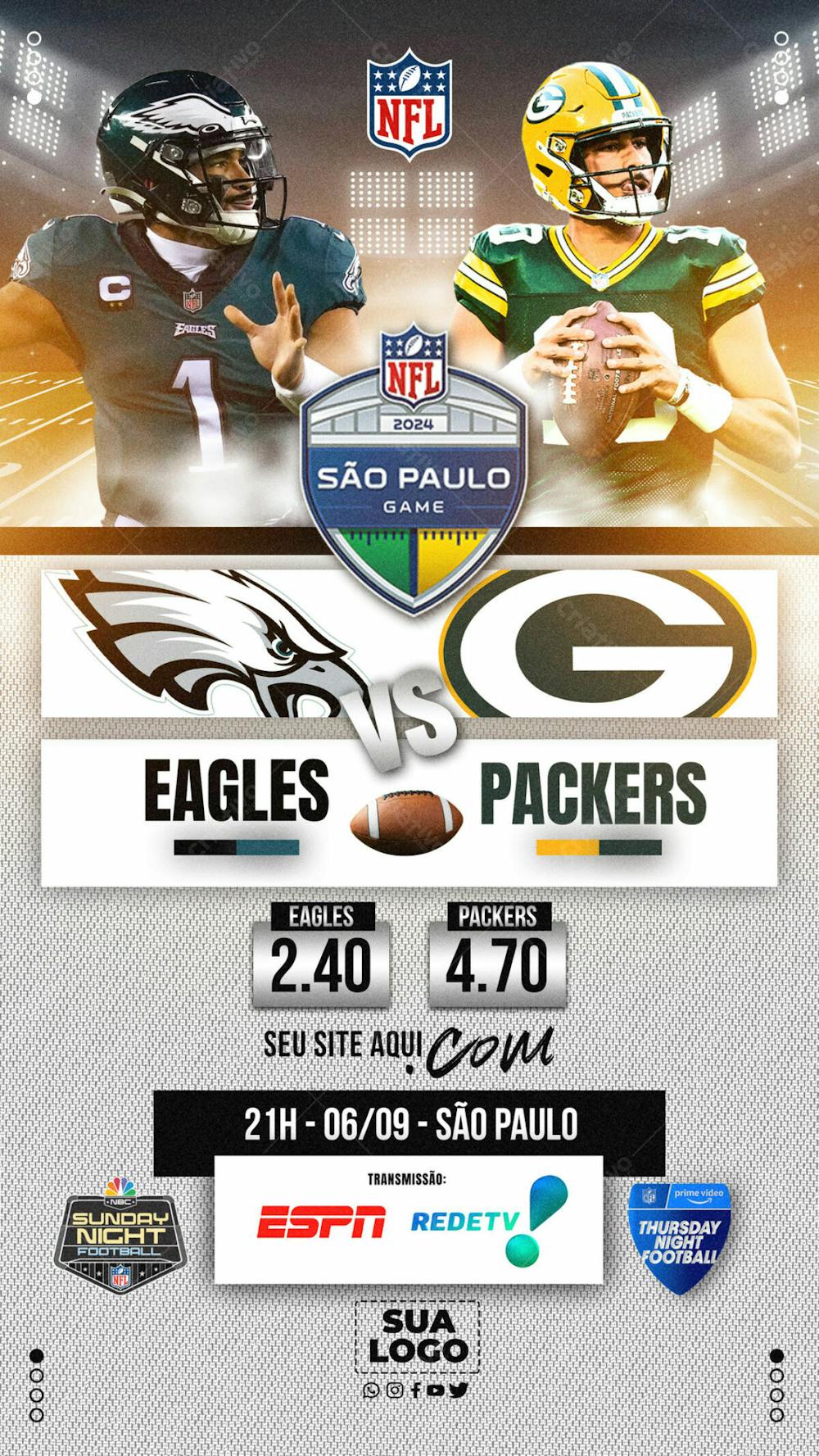 FLYER ESPORTIVO FUTEBOL AMERICANO NFL EAGLES vs PACKERS