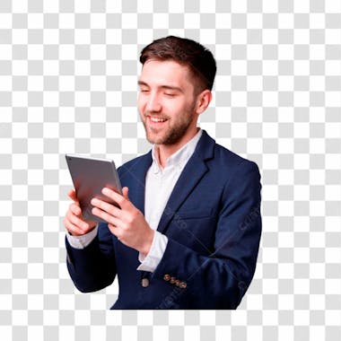 Png homem jovem empressário usando tablet feliz