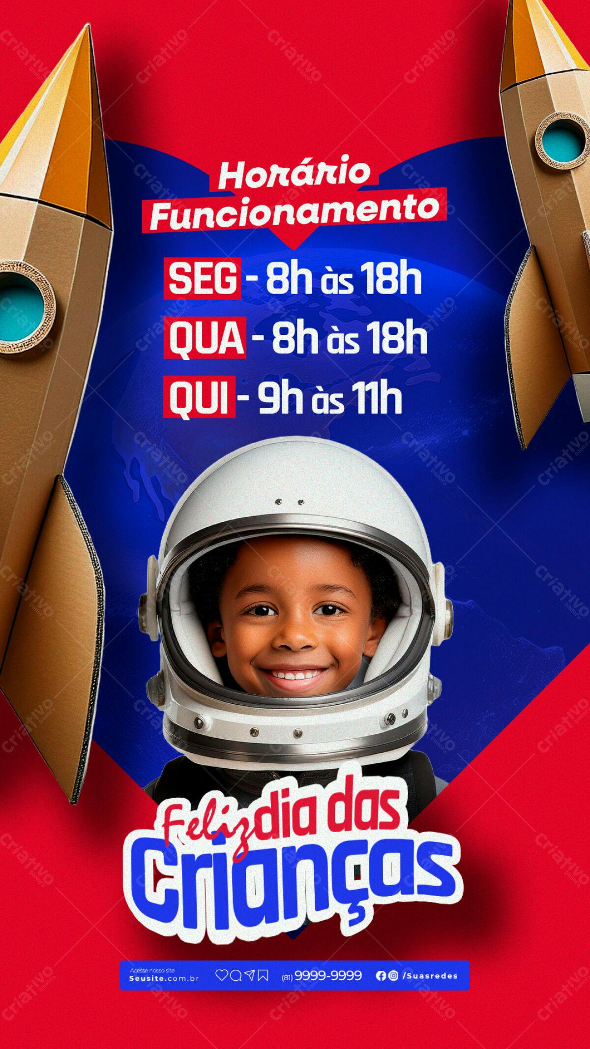 Flyer Dia das Crianças com Astronauta PSD Editável