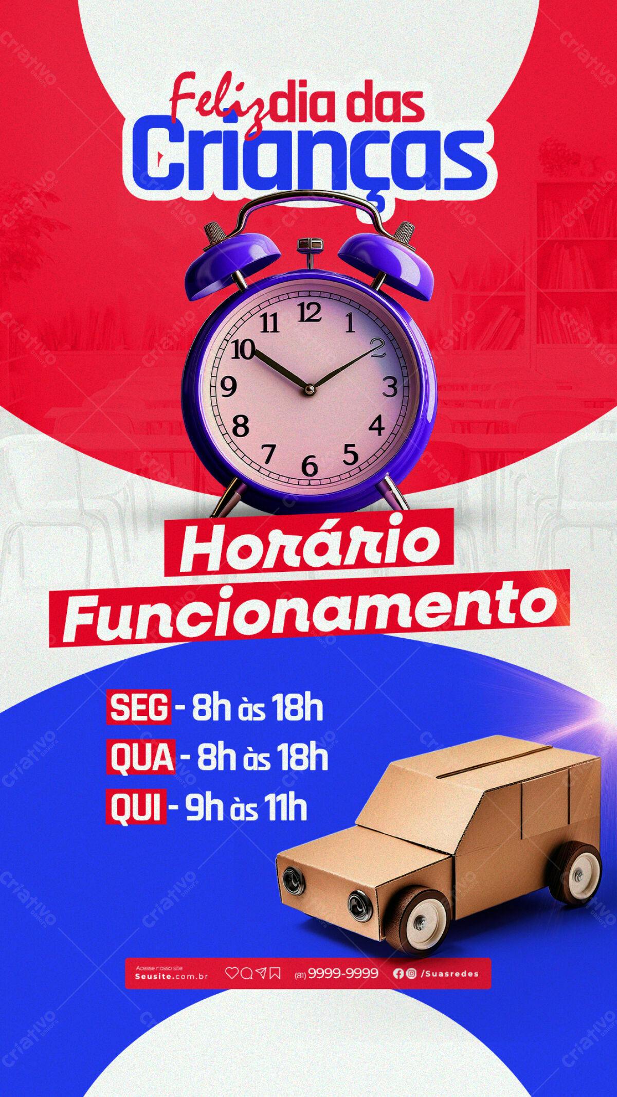 Flyer Dia das Crianças com Horário de Funcionamento PSD Editável