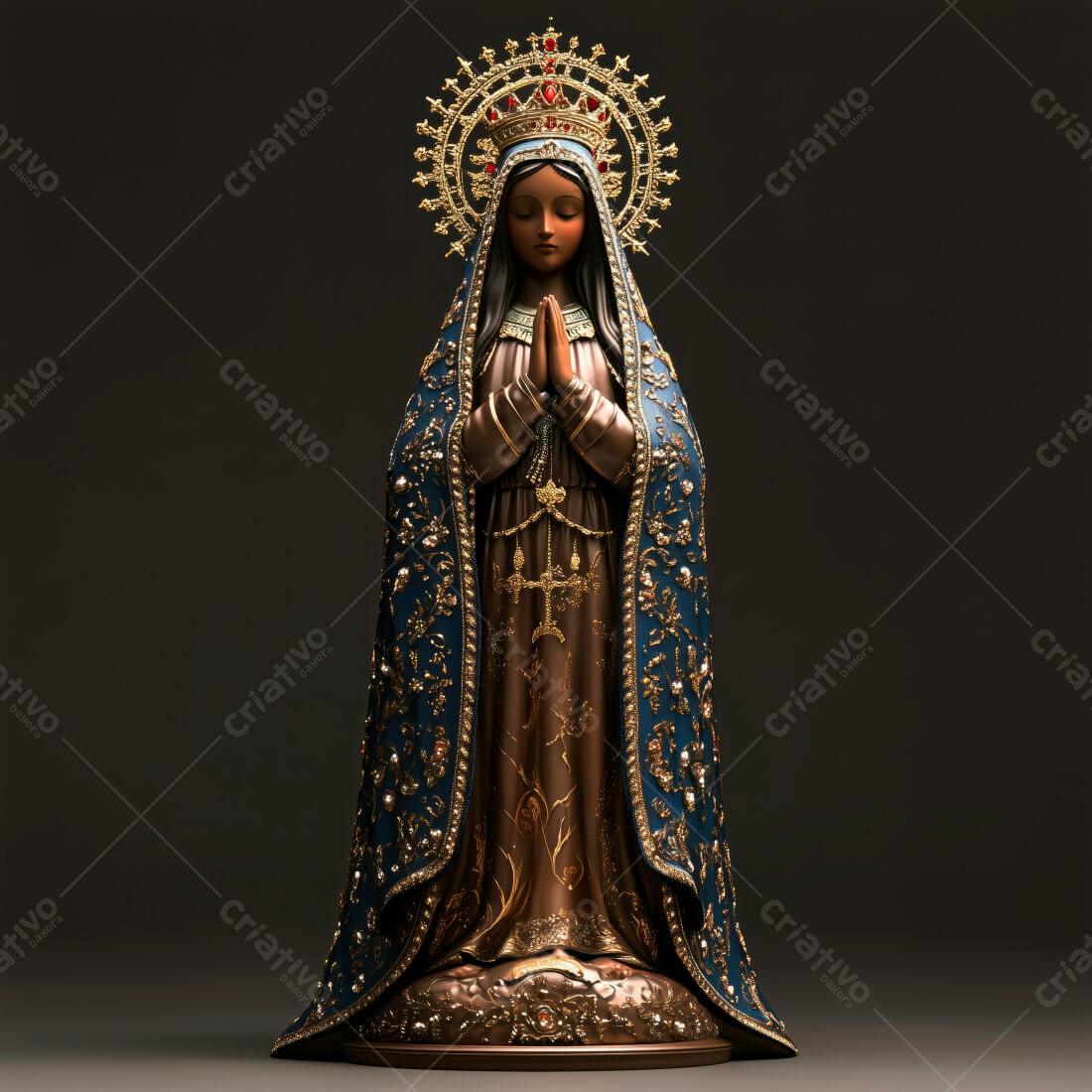 Estátua de Nossa Senhora em tons azul e dourado