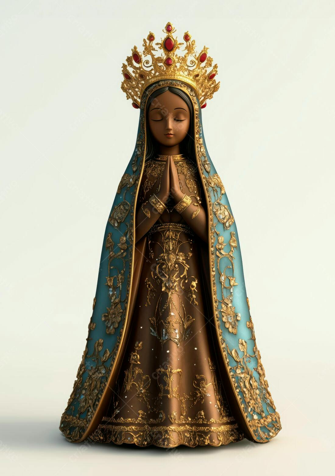 Estátua Nossa Senhora em tons dourados e azuis
