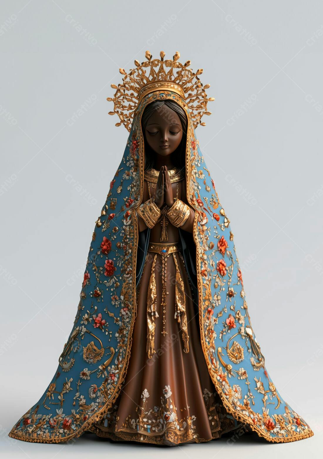 Estátua Nossa Senhora em tons azuis e dourados