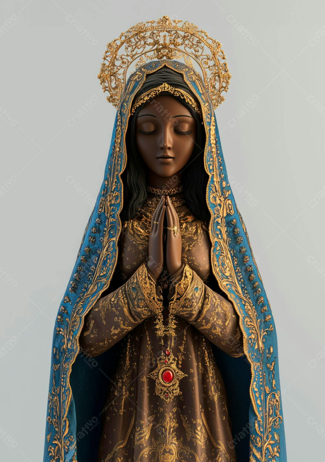 Estátua Nossa Senhora em tons azuis e dourados