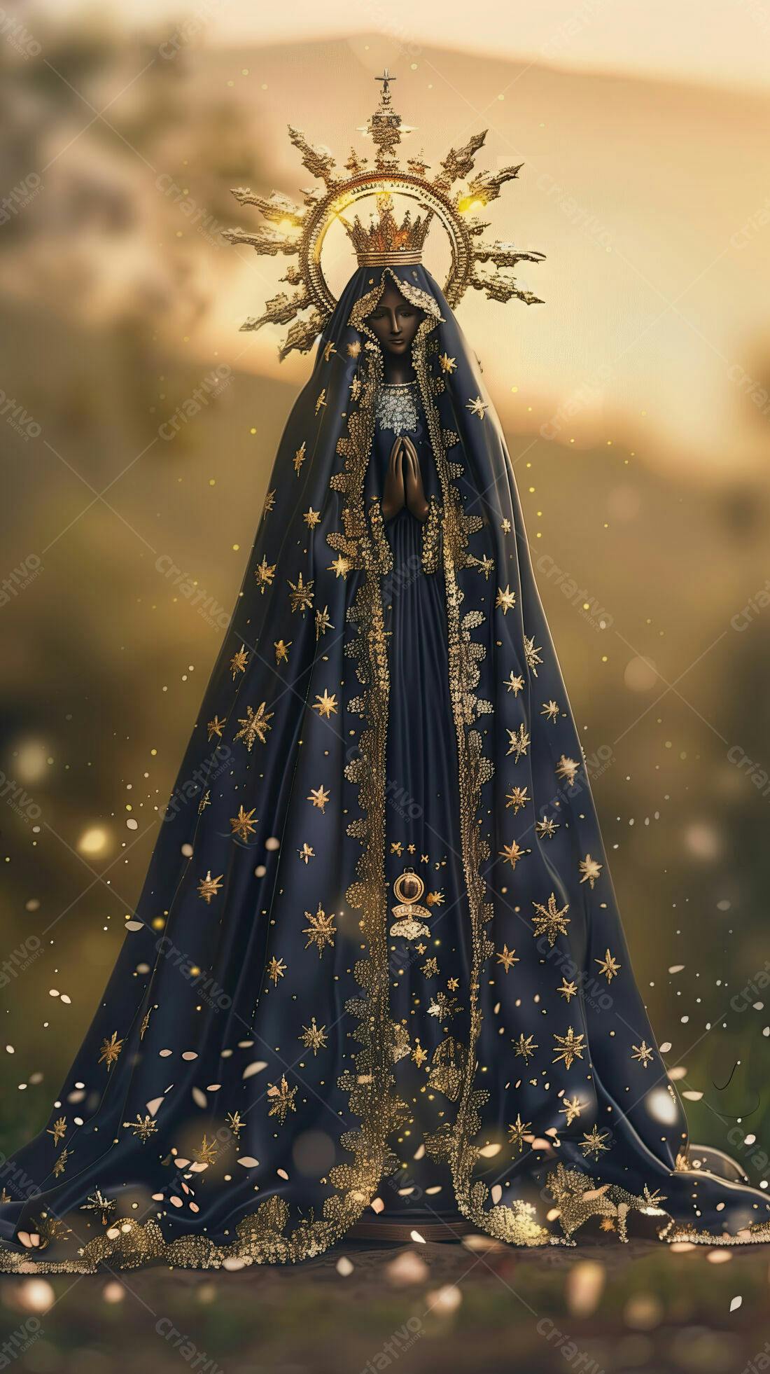 Virgem Maria em manto azul escuro e dourado