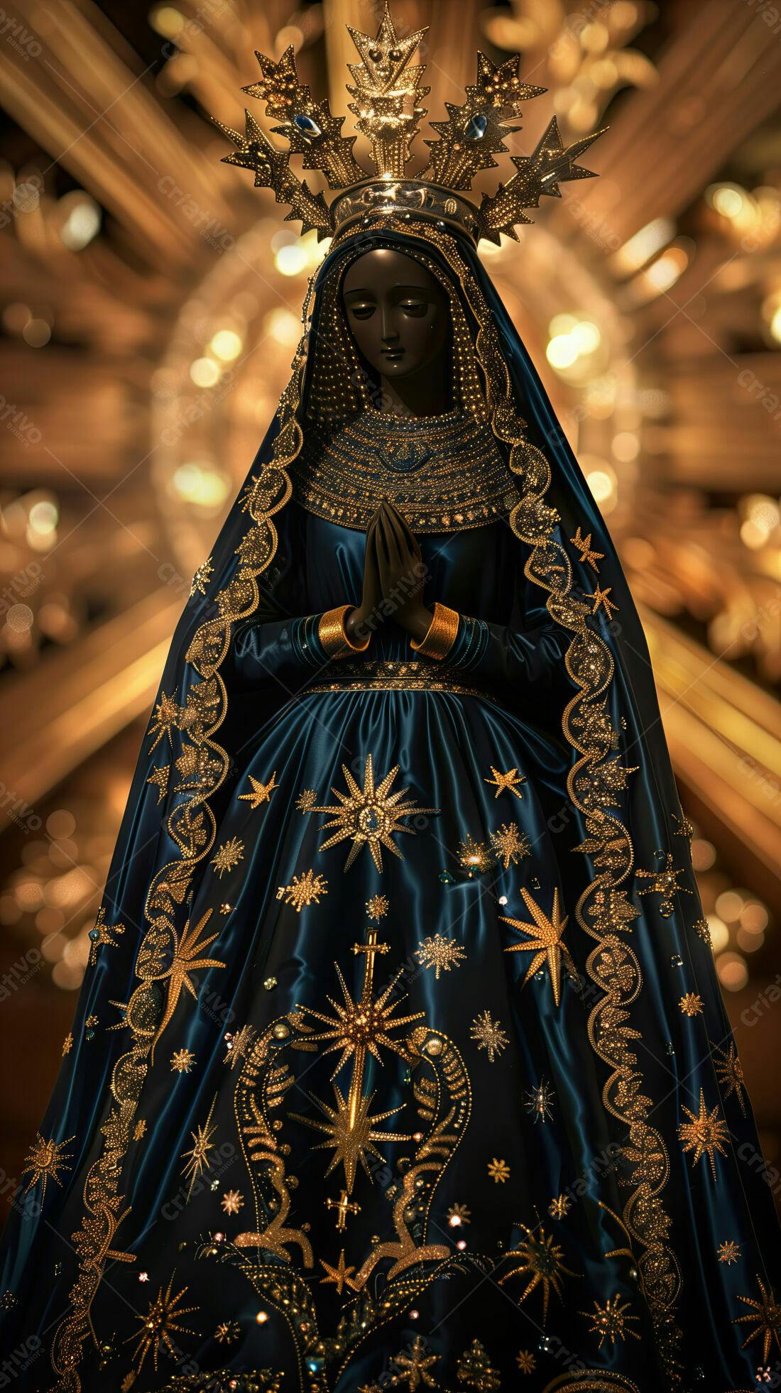Estátua de Nossa Senhora em azul e dourado