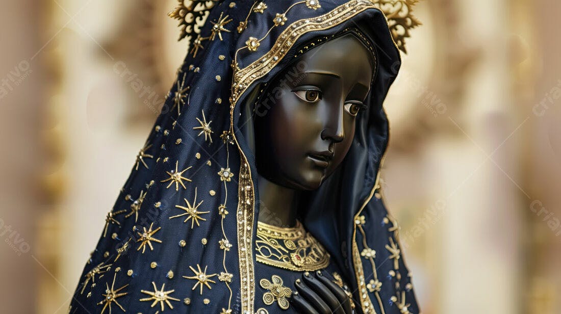Estátua Nossa Senhora escura detalhes dourados