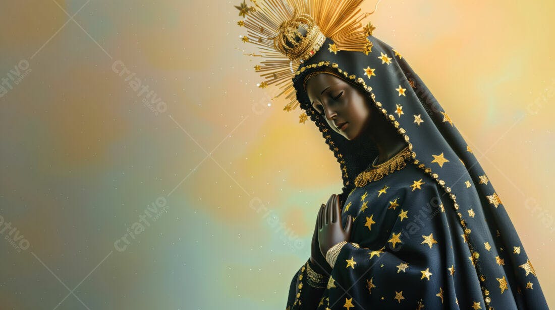 Virgem Maria negra estrelas douradas manto
