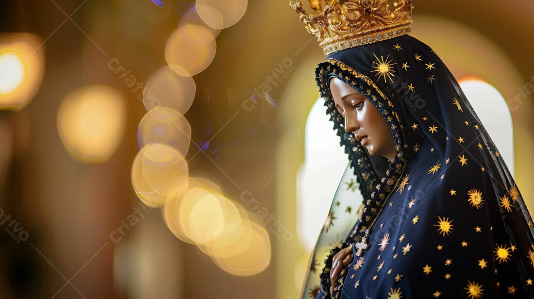 Estátua de Nossa Senhora em tons azuis e dourados