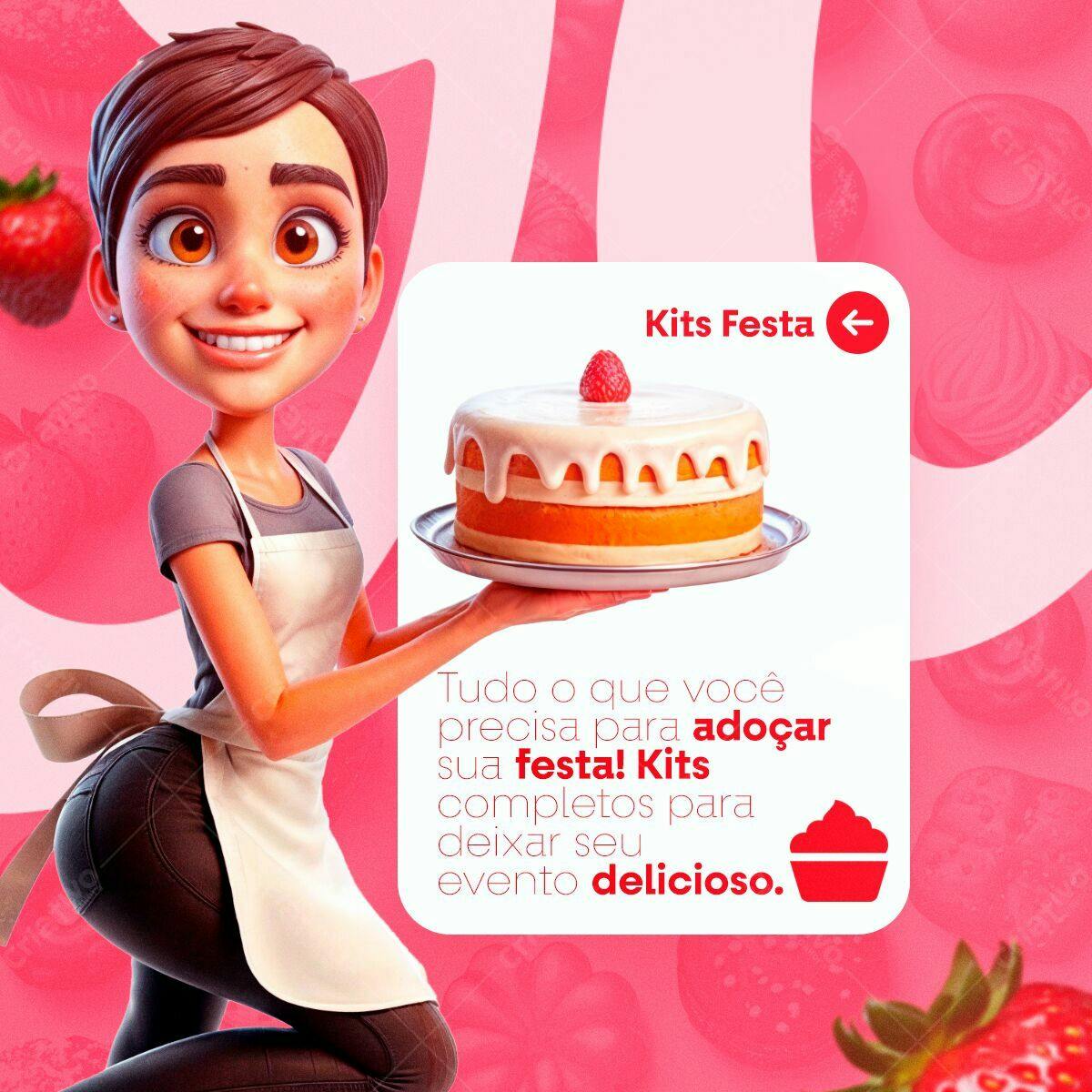 Flyer para Festa com Bolo e Personagem Cartoon PSD Editável