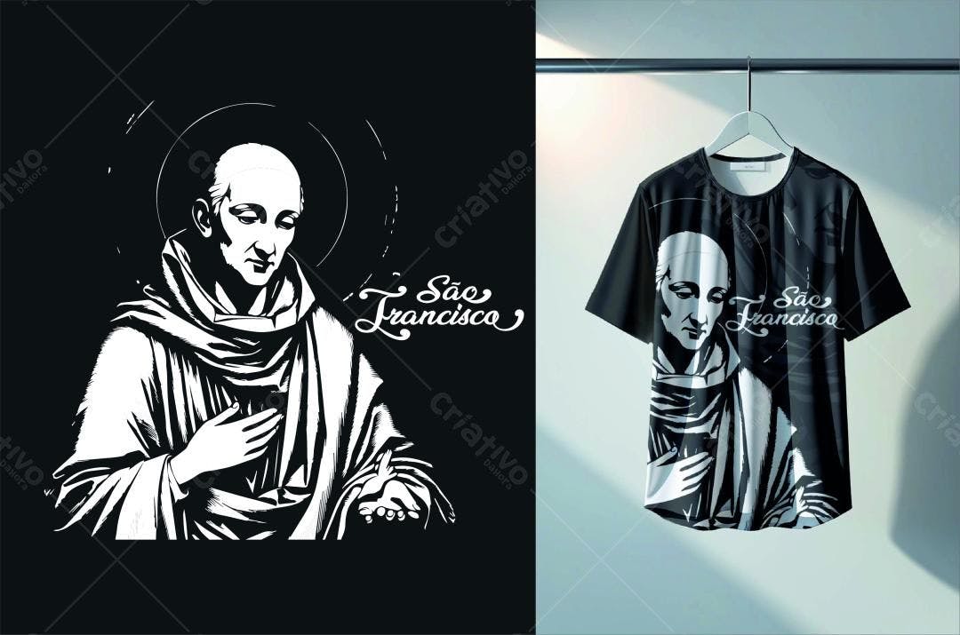 Mockup Camiseta com Arte Estilo Linogravura de São Francisco