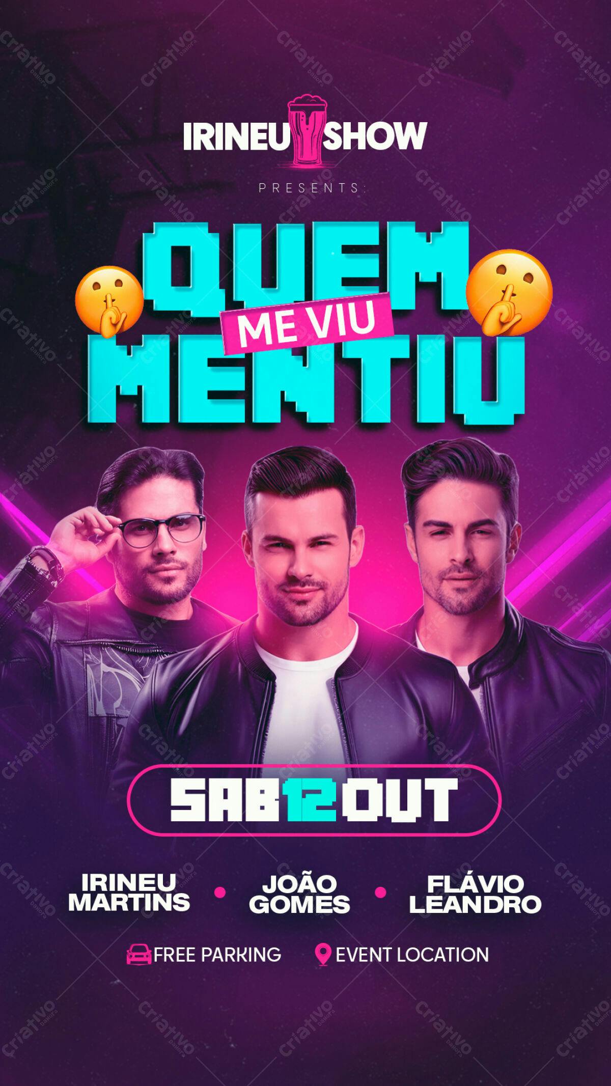 Flyer para Show Musical com Irineu Martins, João Gomes e Flávio Leandro PSD Editável