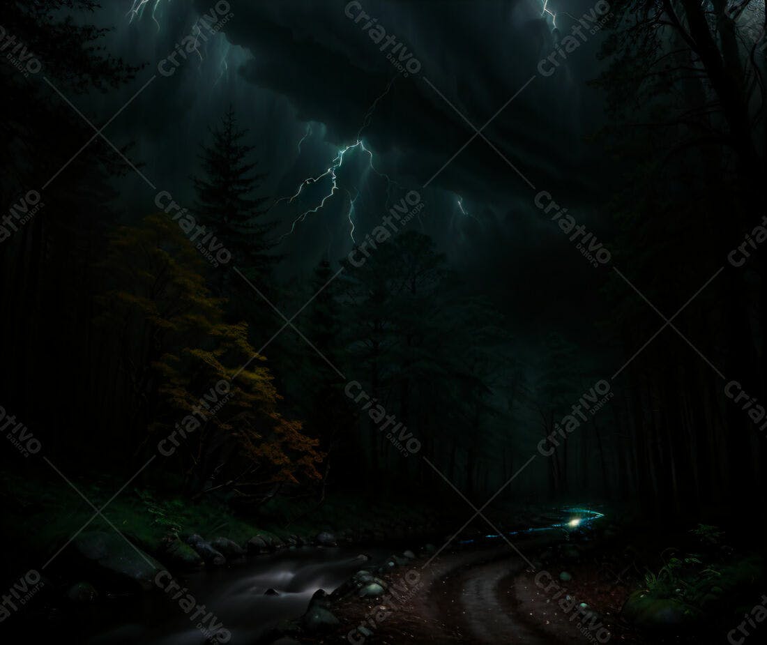 Tempestade noturna em floresta escura