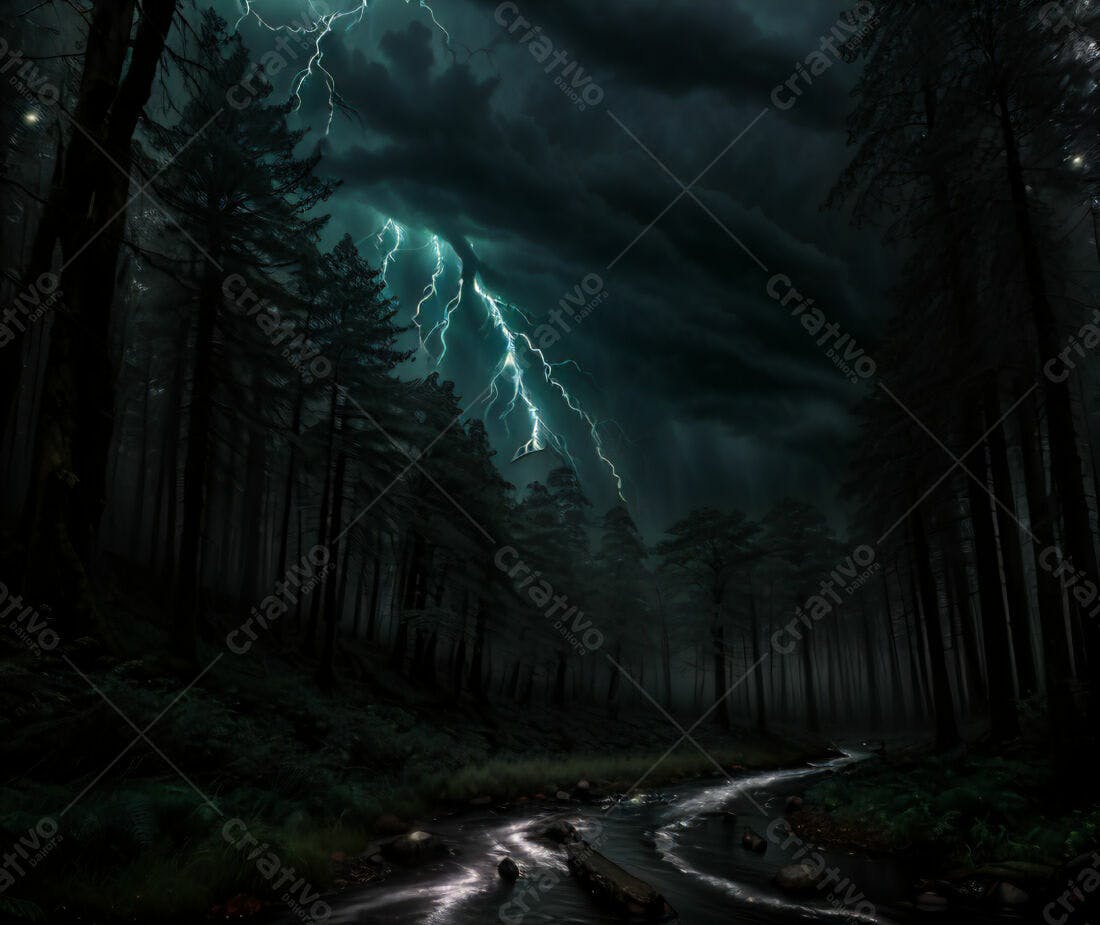 Tempestade em floresta escura com rio