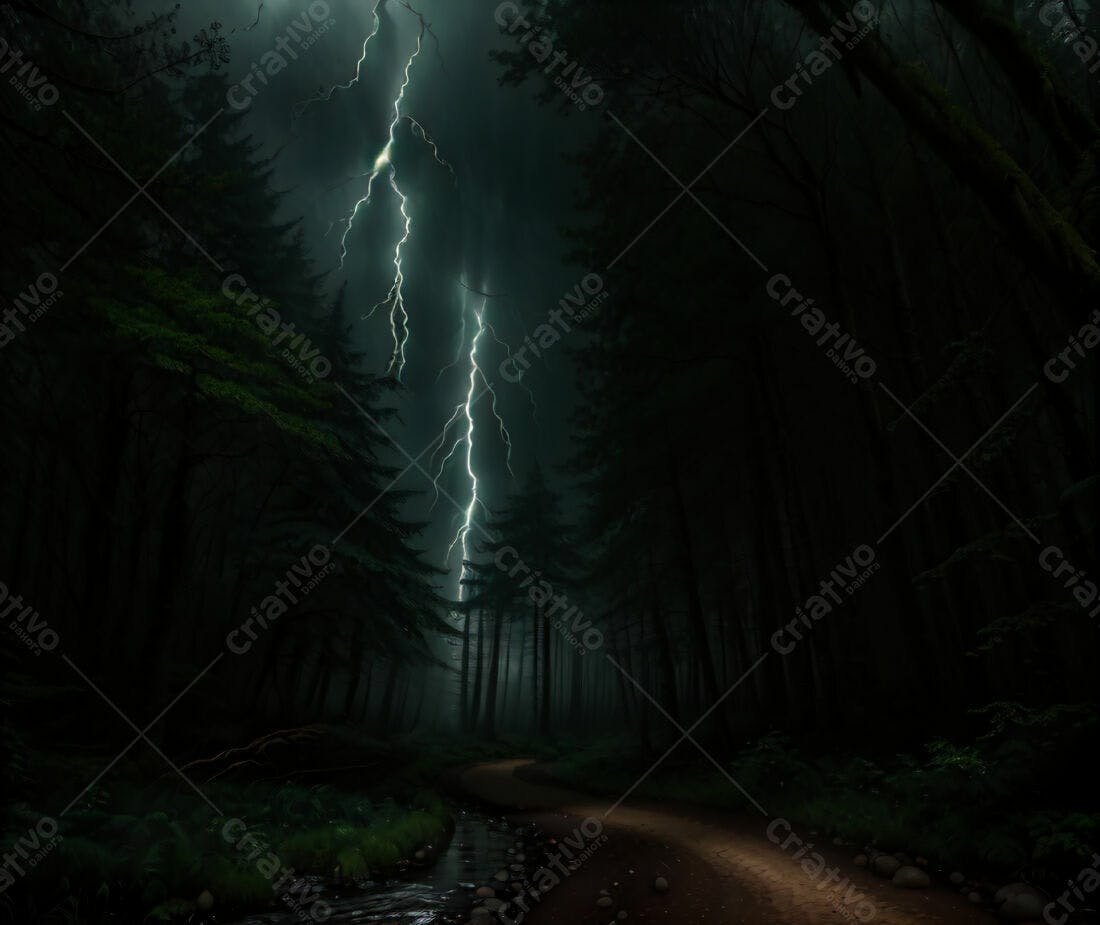 Raio cortando floresta escura noite