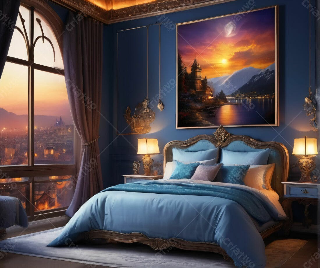Quarto luxuoso com vista noturna para cidade