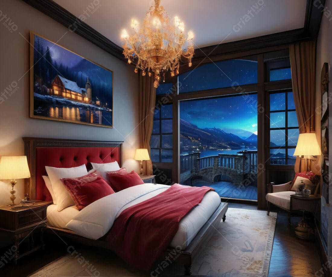 Quarto aconchegante com vista noturna