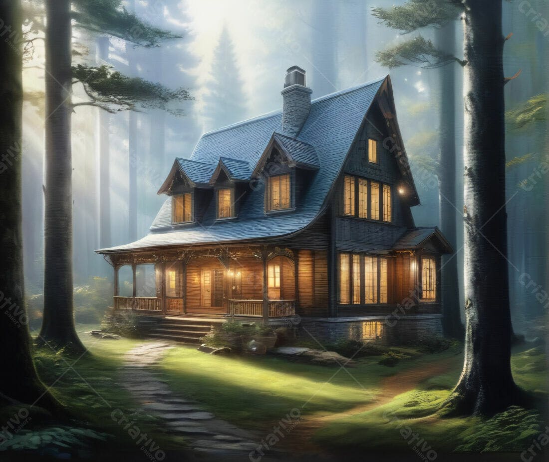 Casa aconchegante em floresta ao entardecer