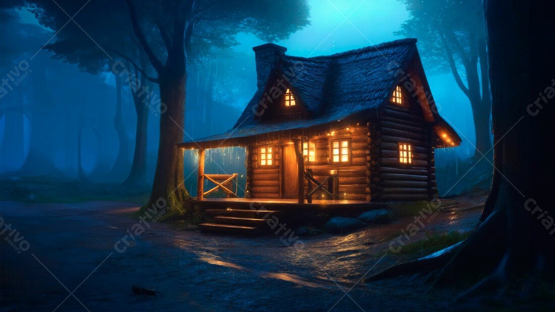 Cabana de madeira iluminada em floresta noturna