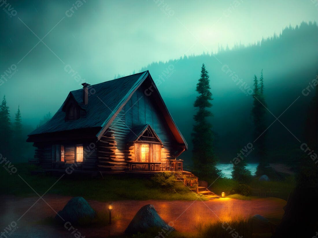 Cabana de madeira iluminada em floresta noturna