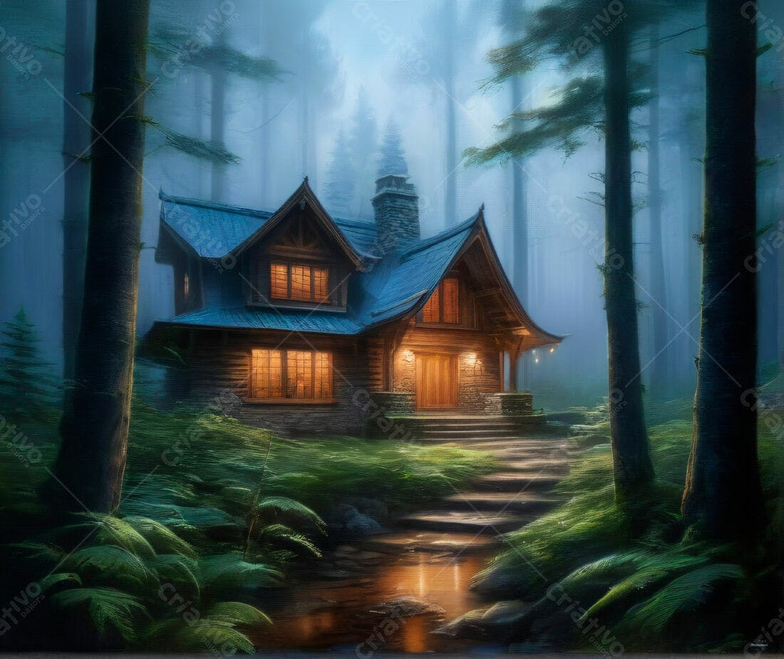 Cabana aconchegante em floresta nebulosa