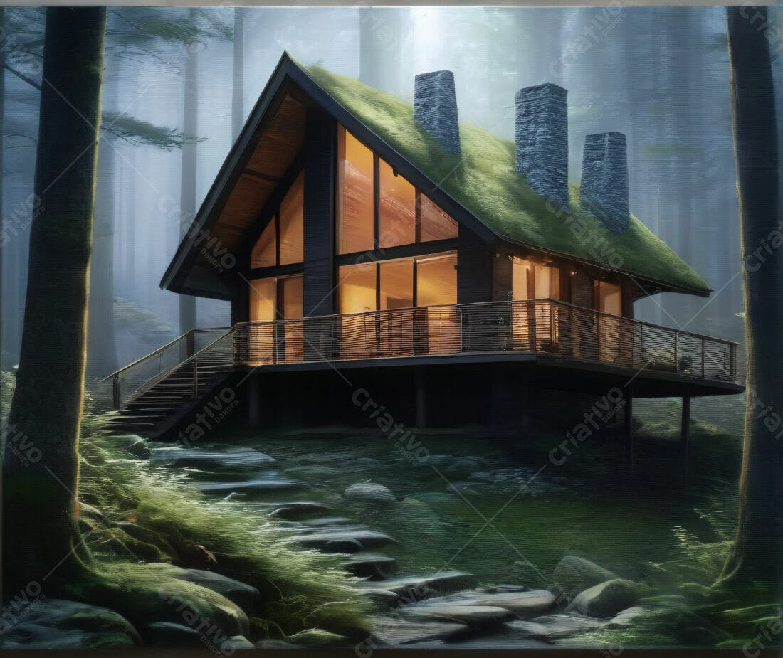 Casa moderna na floresta noite