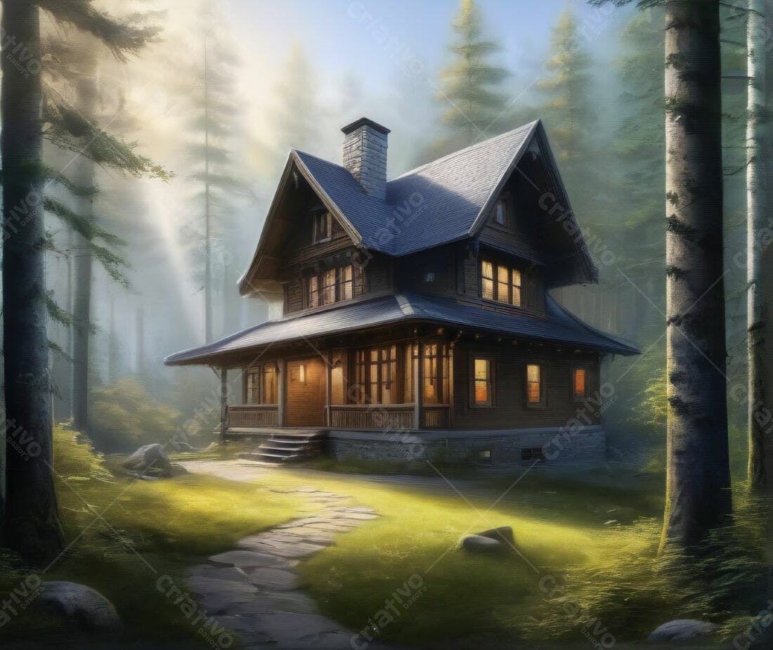 Casa de madeira na floresta ao amanhecer