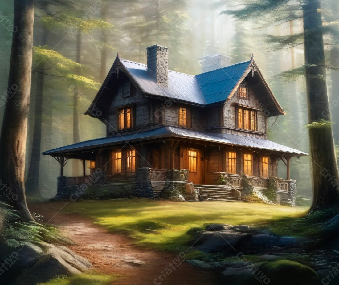 Casa de madeira aconchegante em floresta mágica