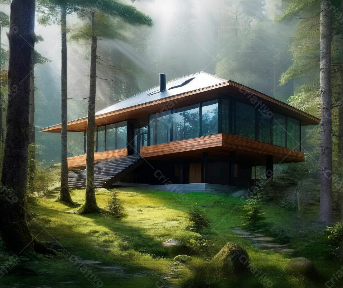 Casa moderna em floresta verdejante