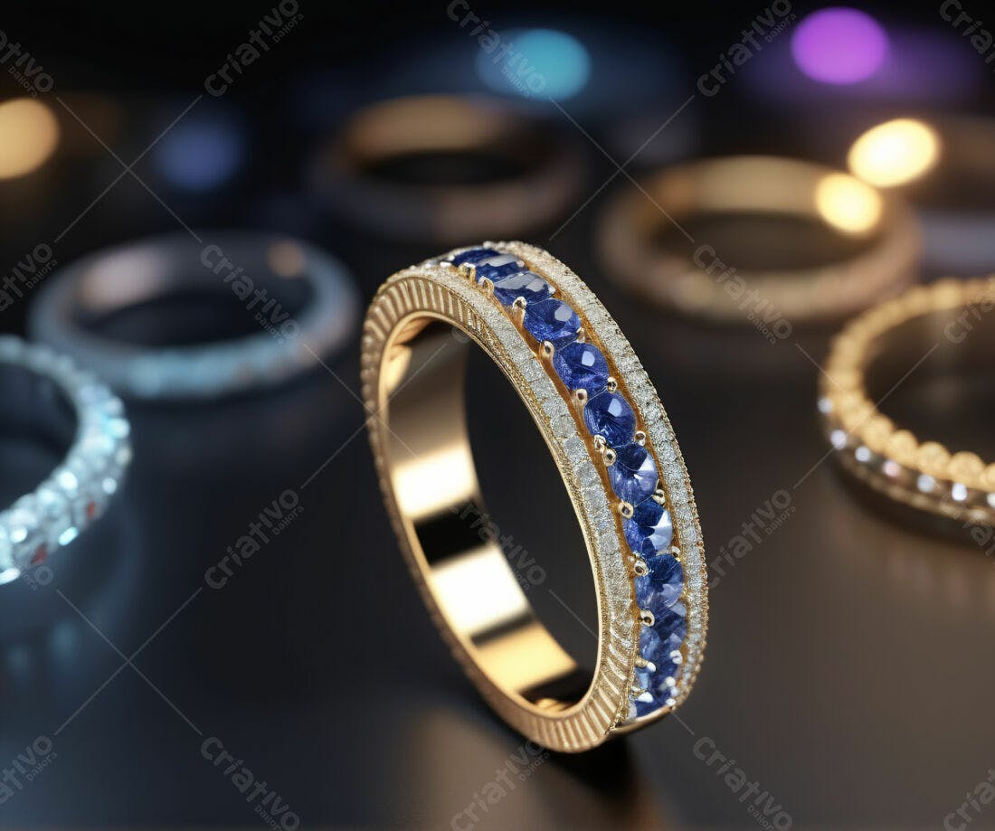 Aliança de ouro com safiras e diamantes