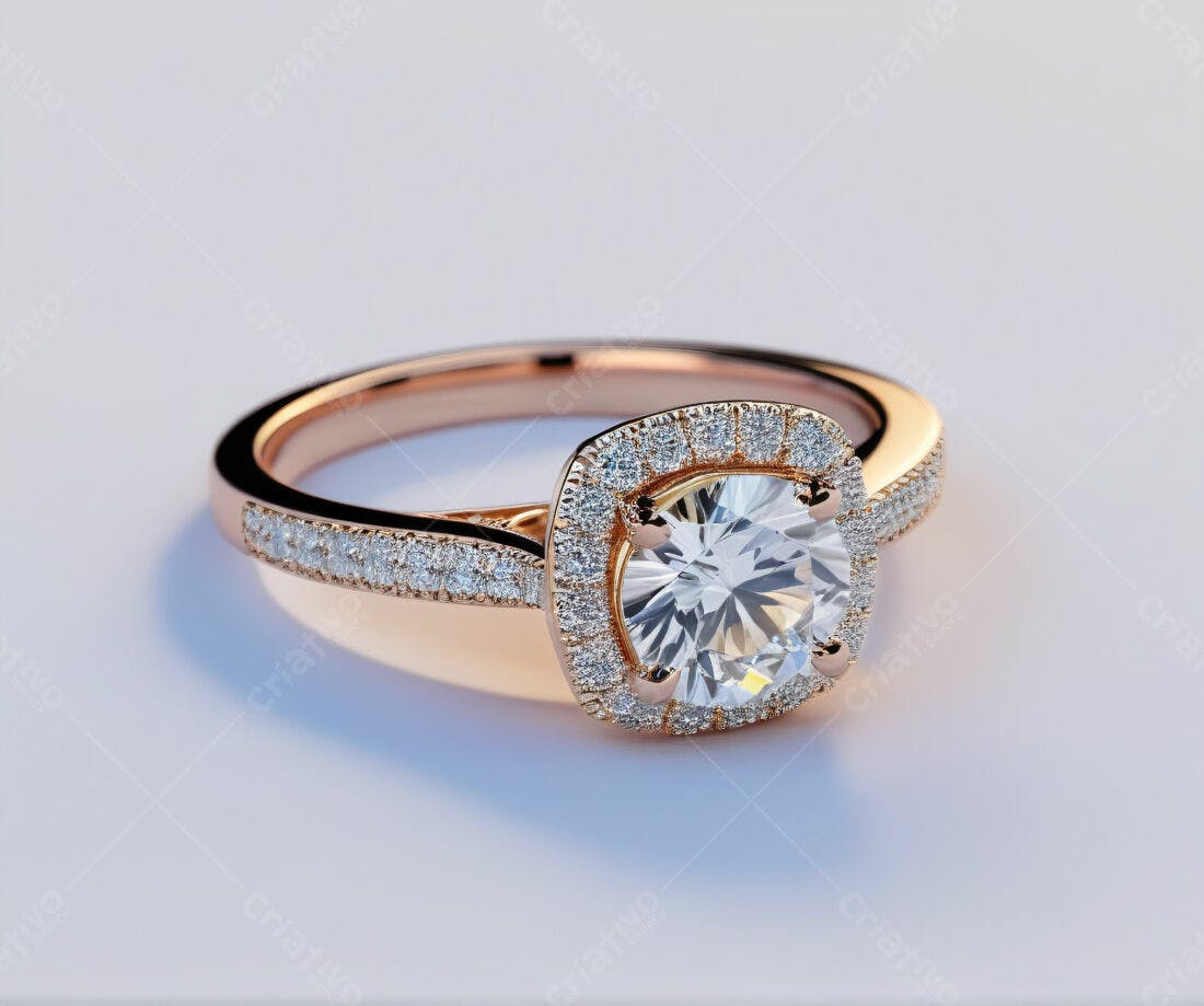 Anel de ouro rosa com diamante halo
