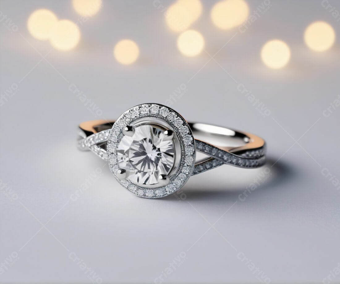 Anel de diamante com halo e design entrelaçado